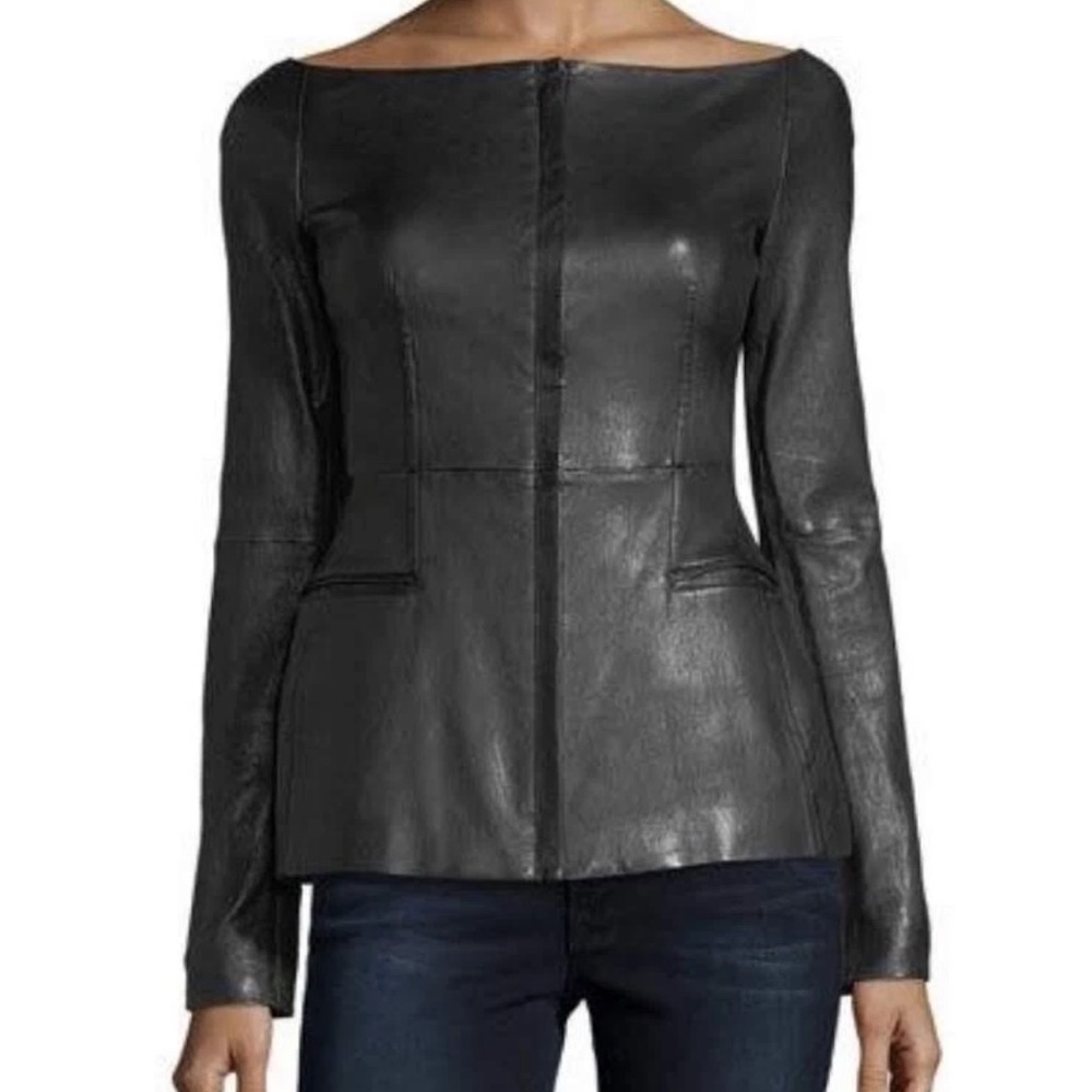Theory Off-Shoulder Black Stretchy Leather Jacket Fitted Top 00